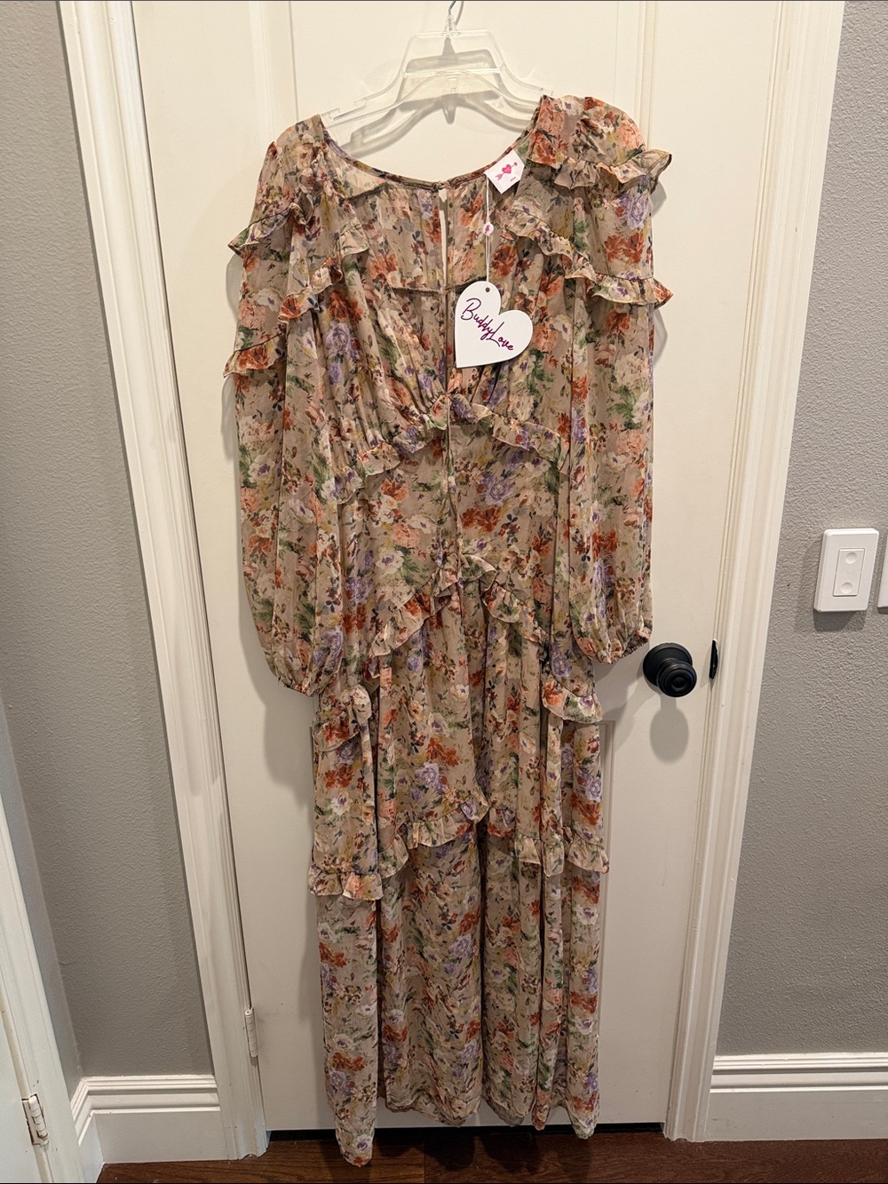 Buddy Love Floral Maxi Dress in Cream with Pink, Purple, Green Accents